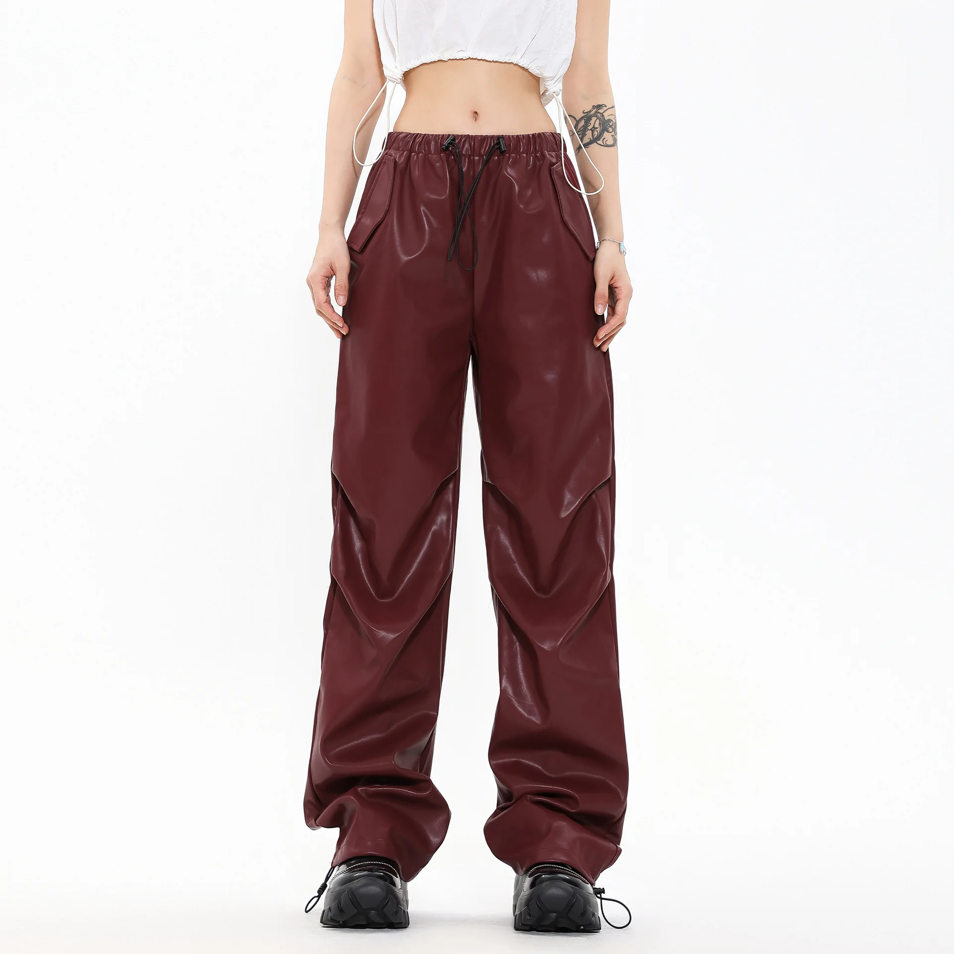 OR FL Women's American High Street Trendy Brand PU Skin Pants Wide Leg Baggy Design Sense Retro Functional Pants Trousers