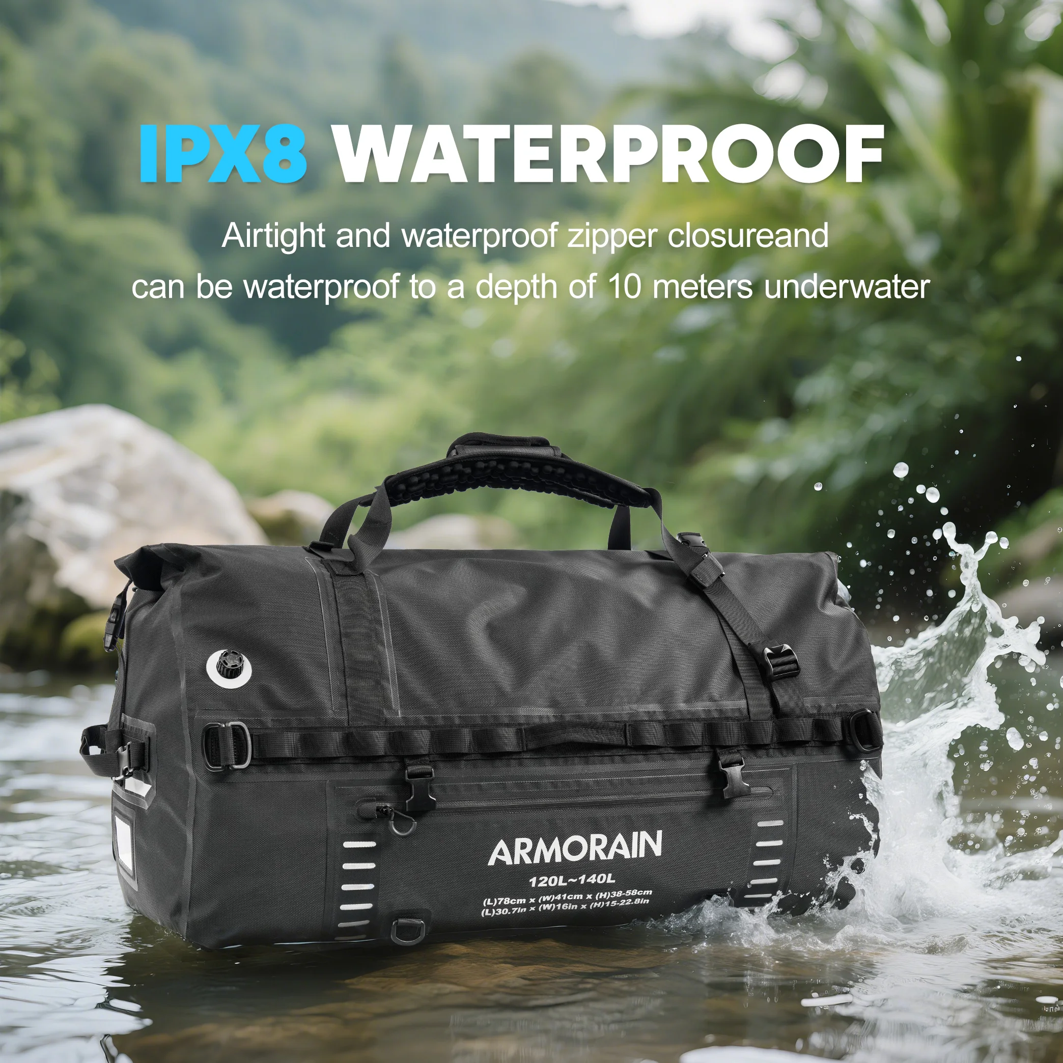 

IPX8 Airtight Waterproof Travel Bag 100L 120L Large Capacity Duffel Bag with Durable Inflatable Strap for Long Distance Travel