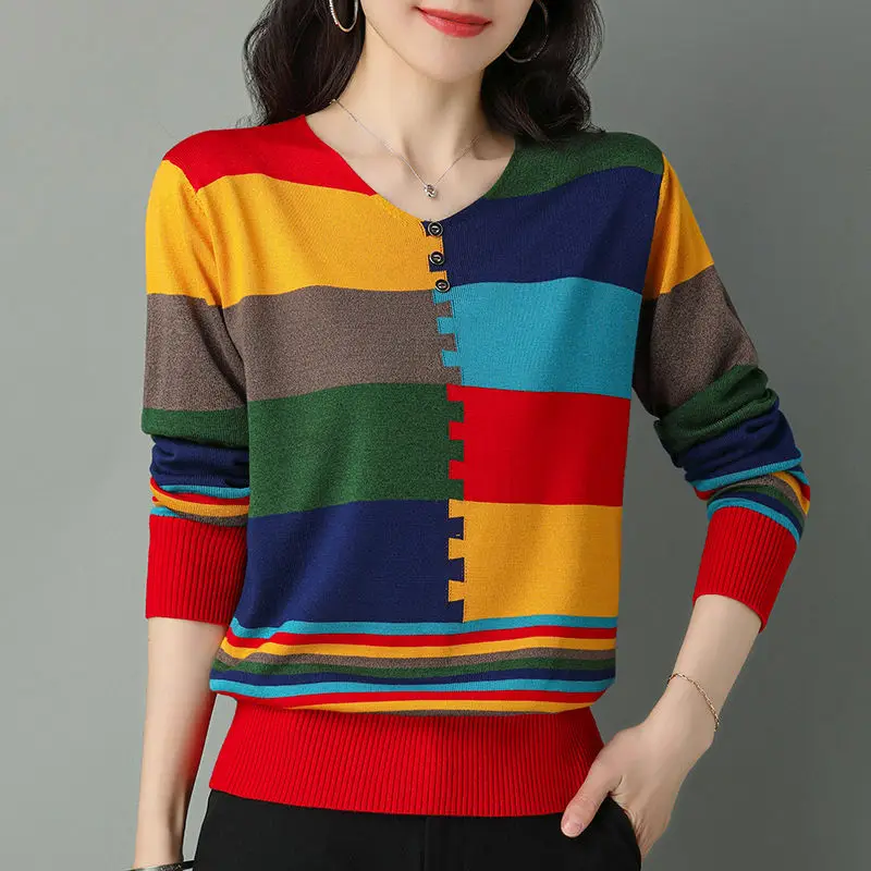 Retalhos de algodão feminino com estampa gola v, camiseta comprida, blusa casual, moda que combina com tudo, roupas para primavera e outono