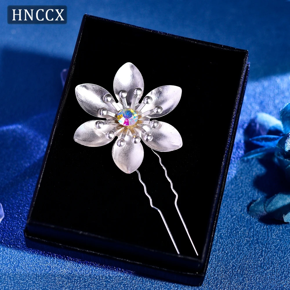 HNCCX Bride Flower Hair Pins Colorful Rhinestone Wedding Hair Accessories Handmade Silver Color U-Shape Clips Headpieces CP771