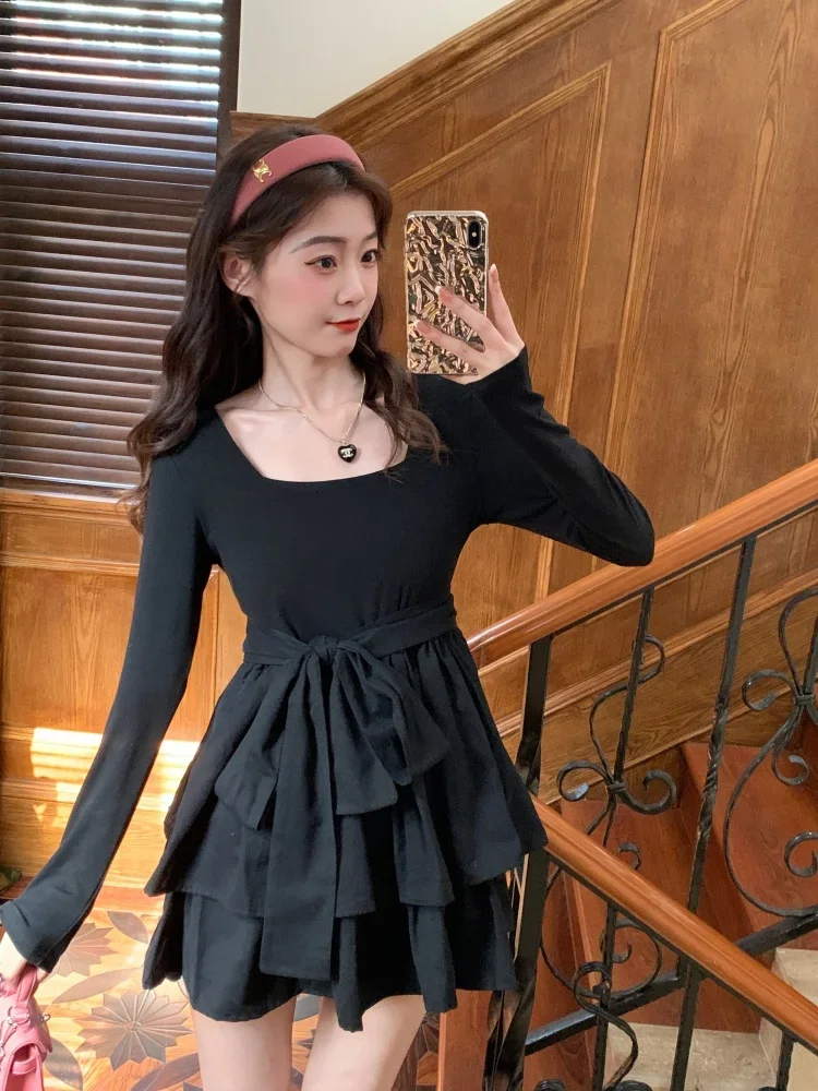 Mini abito nero per donna Abito da ballo lavorato a maglia Design con fiocco tenero Dolce principessa per ragazze Estetica alla moda Autunno Inverno Stile francese