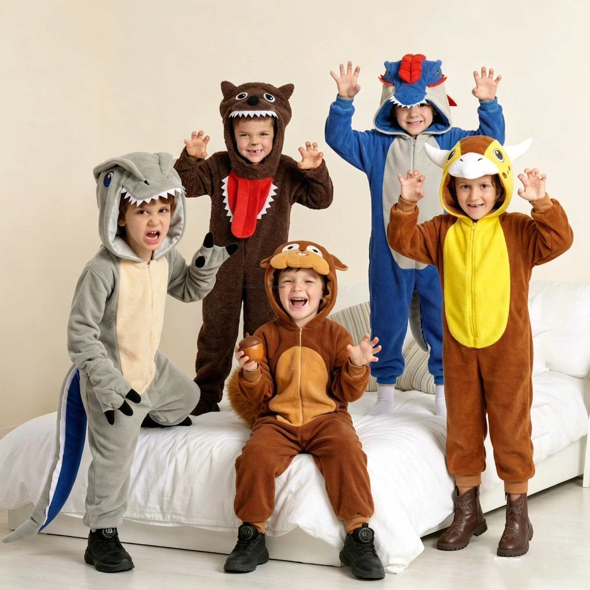 

Niño Winter Plush Onesie Hooded Cartoon Lion Dinosaur Cosplay Jumpsuit Pajamas Enfant Halloween Party Costume Sleepwear