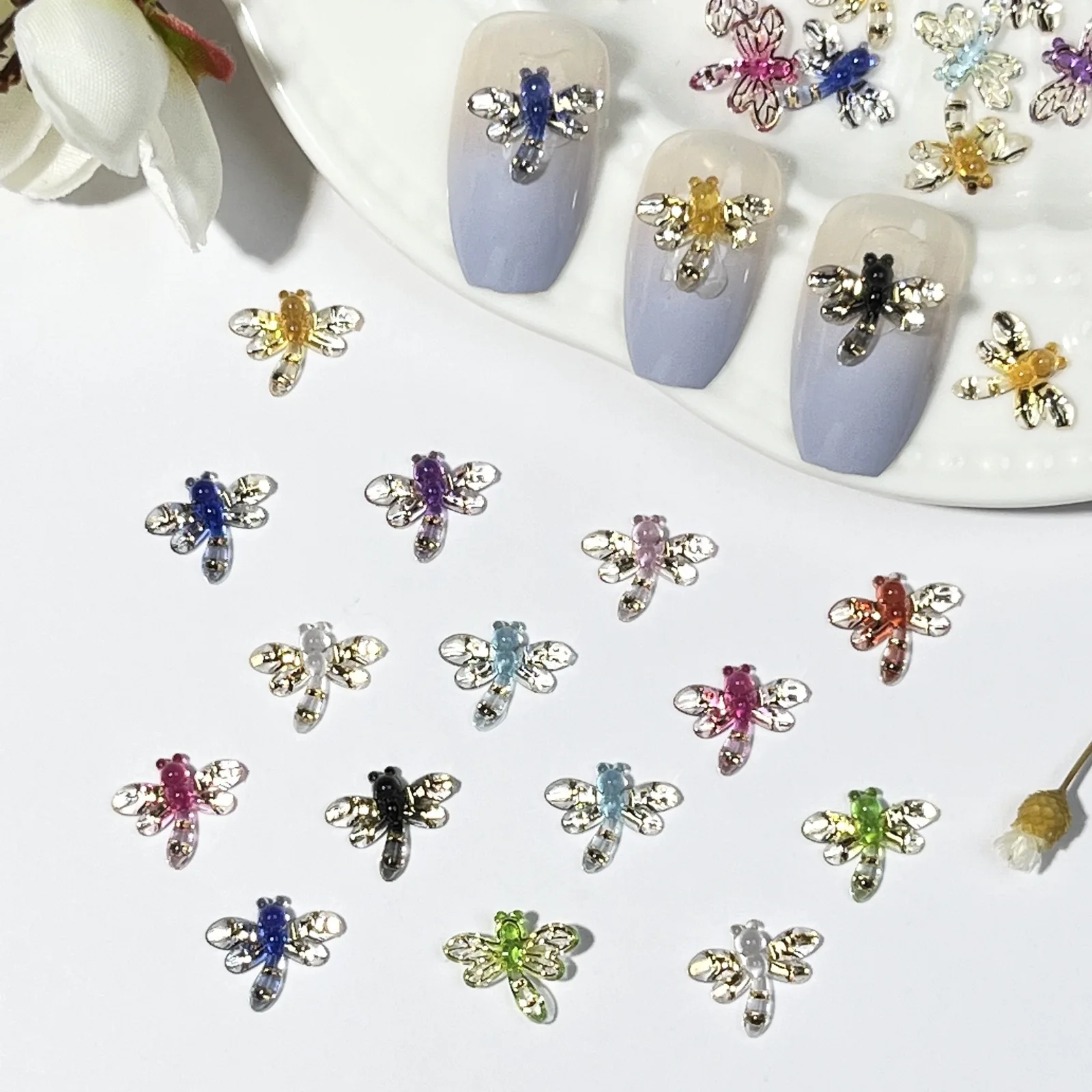 20pcs miniso colorful dragonfly cartoon nail charms for diy nail making cute mini resin flatback nail art decoreation