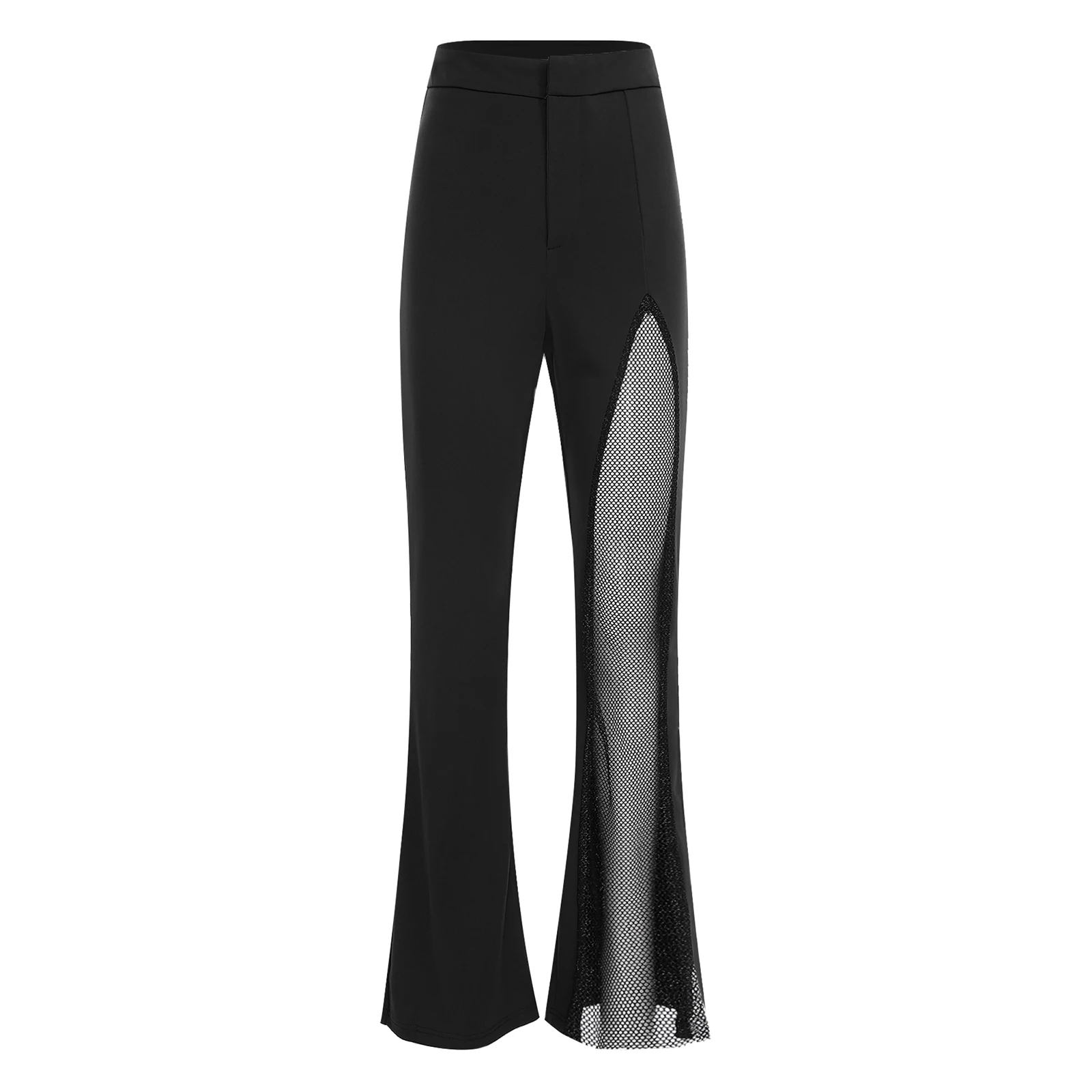 

Womens Slightly Flared Pants Sheer Mesh Patchwork on One Leg Asymmetrical Design Long Pants Trousers Streetwear Dancewear