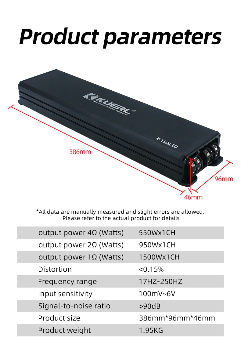 K-1500.1D Hot New Model 12V 1500w Car Audio Power Amplifier High Power Class D Monoblock Digital Car Amplifier