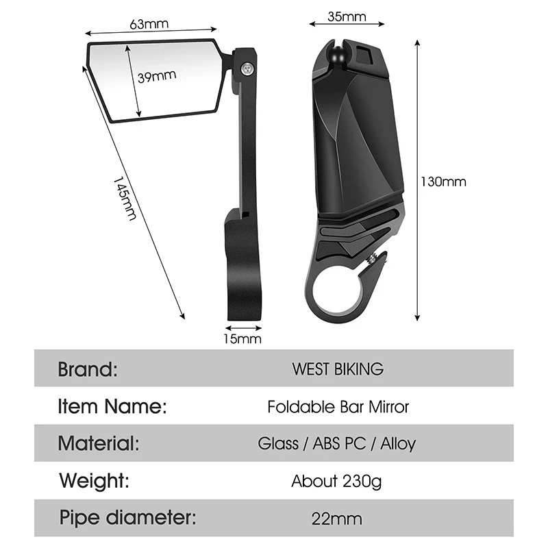WEST BIKING Foldable Bicycle Rearview Mirror 360° Rotation Adjustable MTB Bar End HD Rear View Mirror Cycling Accessories - view 6