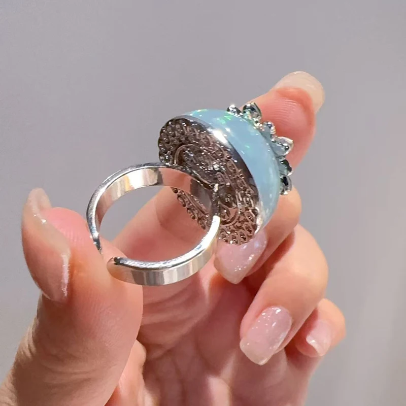 

Vintage Ice Blue Round Crystal Opal Rings Natural Stone White Green Rhinestone Quality Luxury Jewelry Designer Gifts Wedding New
