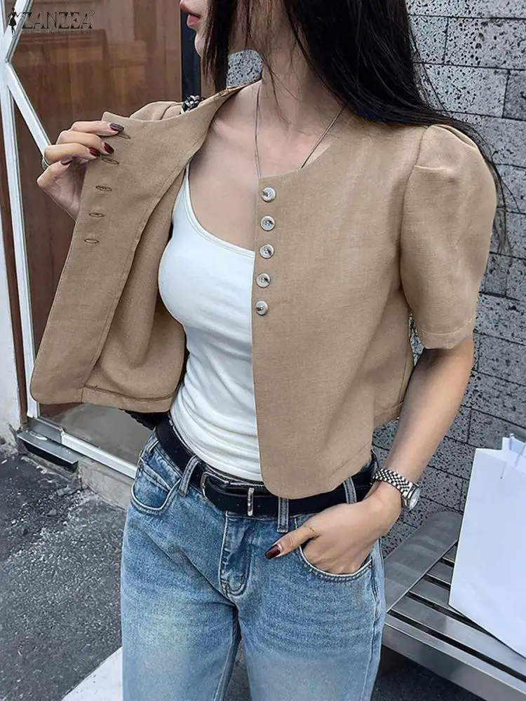 2025 ZANZEA Moda donna Cardigan Manica corta a sbuffo Camicie solide Girocollo Elegante Office Lady Top Bottoni Camicetta estiva