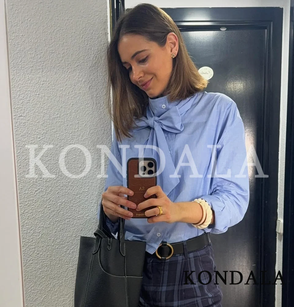 KONDALA Trendiges Pendler-Hemd mit Schleifenkragen für Damen, Elegantes Himmelblau, Knopfleiste, Frühjahrsmode 2026, Lässige Urlaubshemden für Damen