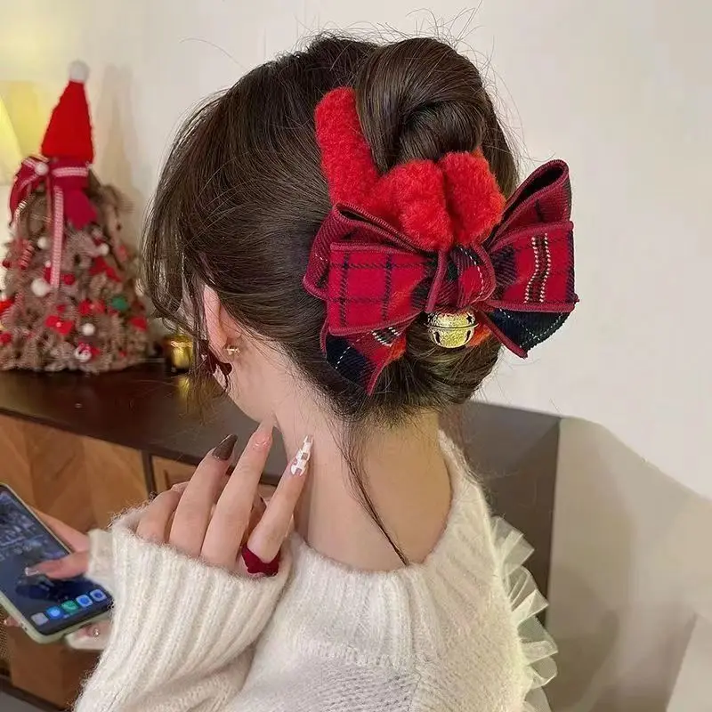 1pc Women\'s Multi Color Christmas Bow Bell Plush Grasp Clip Autumn/Winter Girl Grid Style Hairpin Shark Clip Headpiece