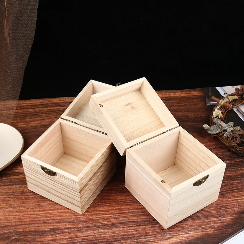 1 Pc Retro Jewelry Box Organizer Desktop Natural Wood Clamshell Storage Rectangle Case Decoration Handcrafted Wooden Square Box