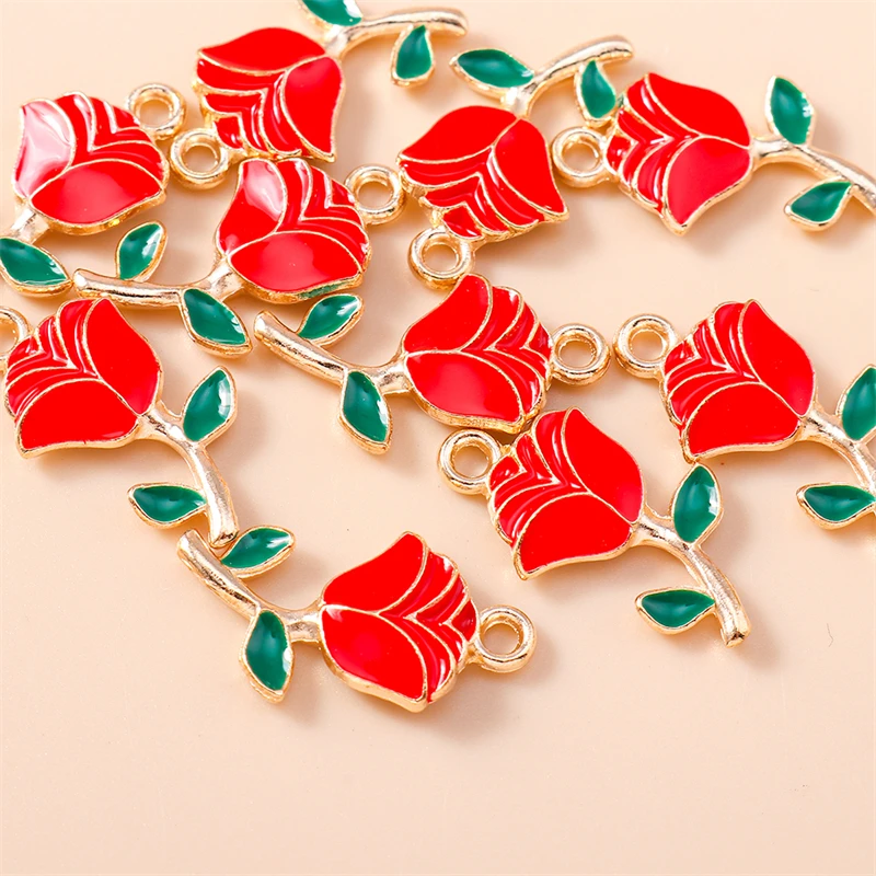 20 Breloques Émail Fleur Rose Mignonnes 12x22mm pour Fabrication de Bijoux, Boucles d'Oreilles Pendantes, Bracelets, Colliers, Fournitures d'Artisanat DIY
