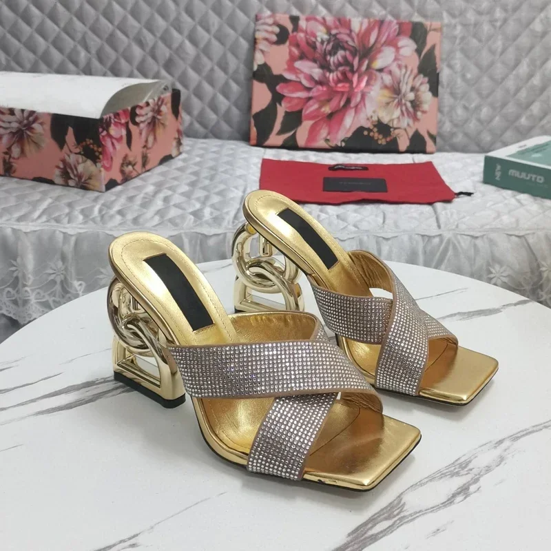 

Golden Kera Crystal Crystal-embellished Satin Mesh Mule Sandals With Crossover Straps Sexy High Heels Fashion Runway Dress Shoes