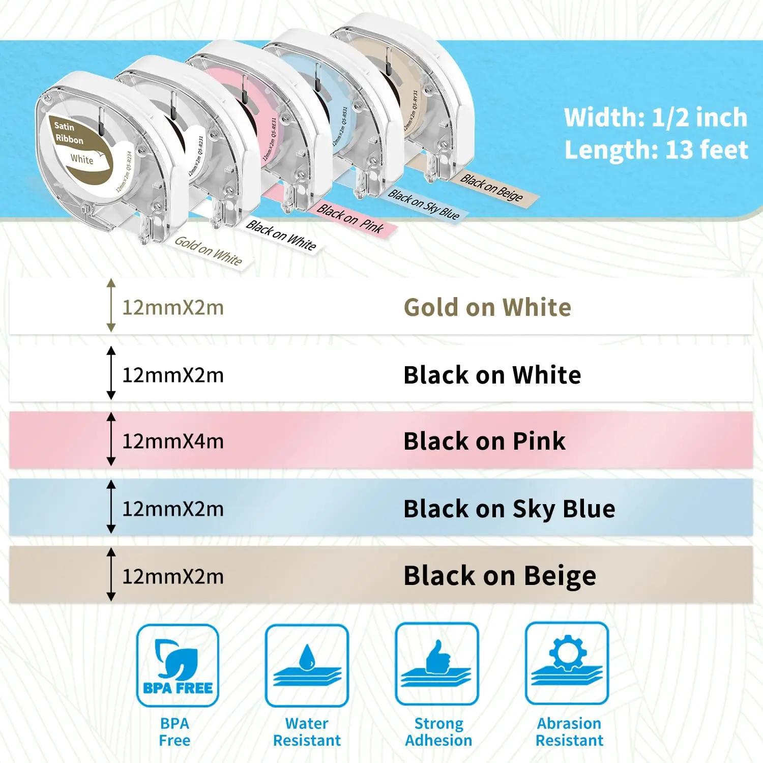 P12PRO Labels Satin Ribbon Tape 12mm 0.47 Inch for Dymo LetraTag LT-100H 200B LT-100H Plus Phomemo P12 P12-PRO Label Maker