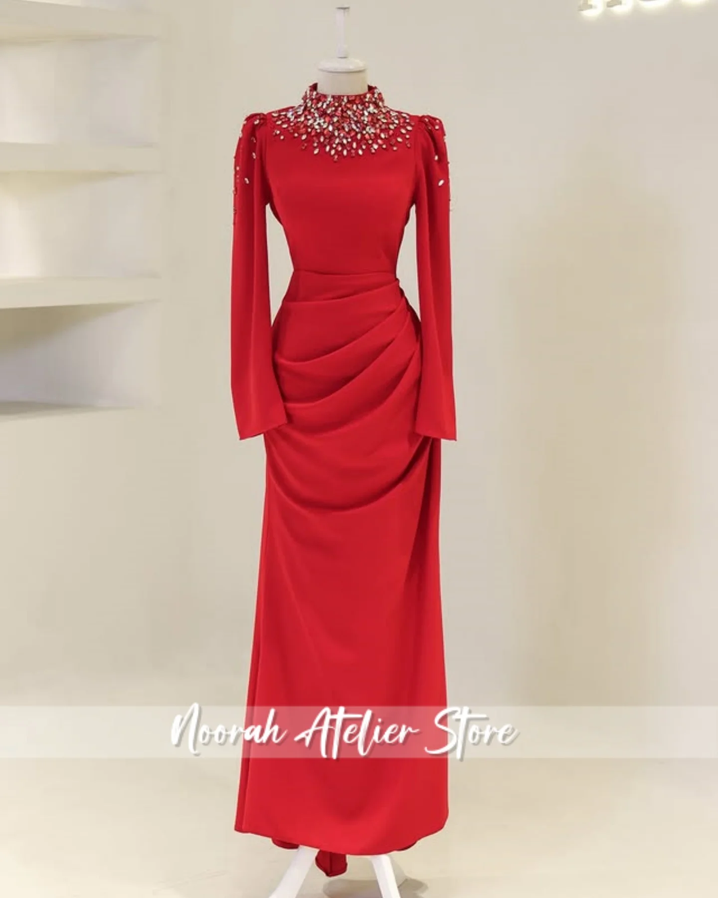 

Red Beaded High N Muslim Luxury Islamic Women Evening Dress 2025 Islamic Pleats Wedding Gown Saudi Arabia Long Dress Customized