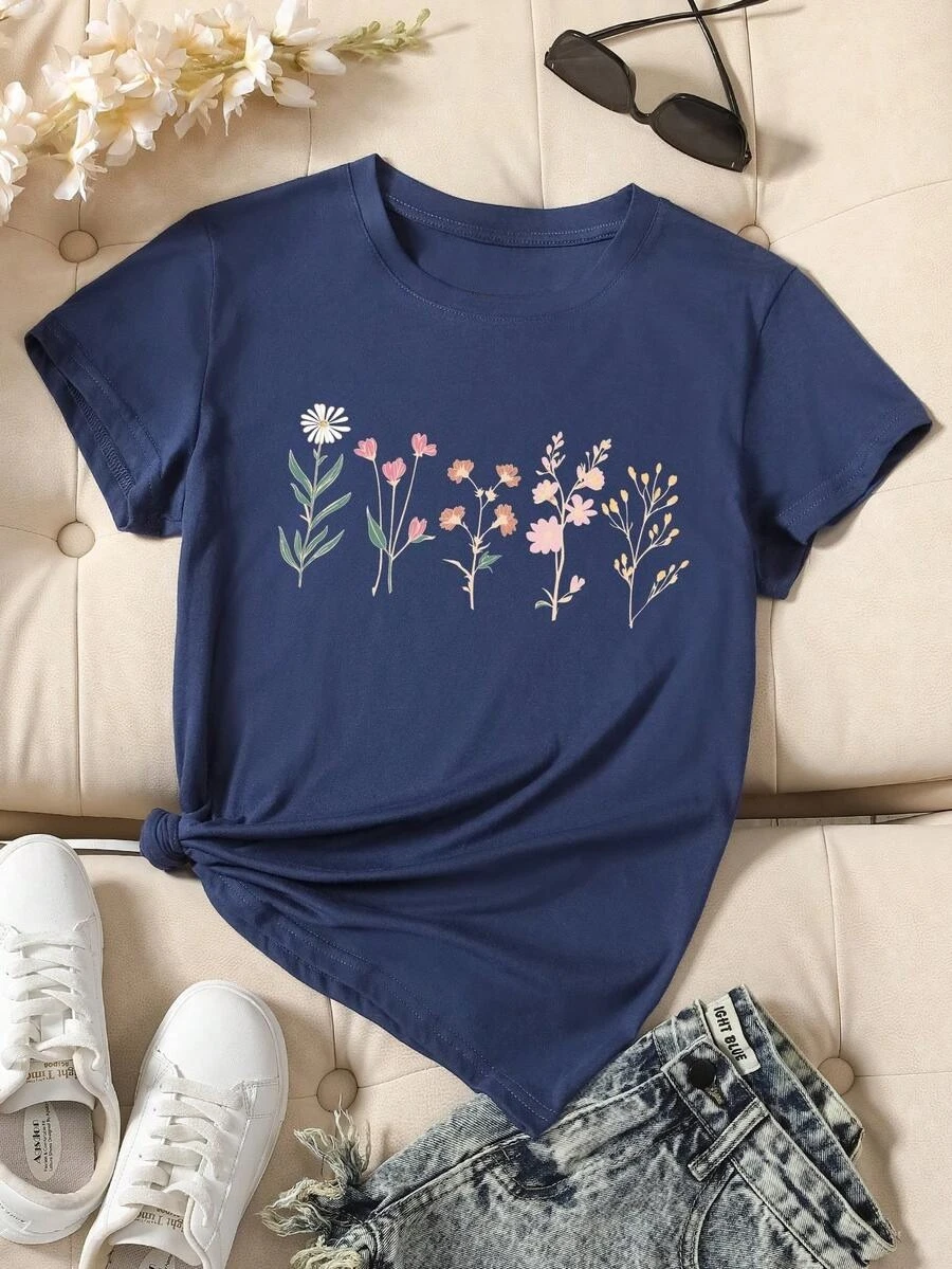 2026 Fashion New Arrival Women Graphic Tee Floral Print Round Neck Short Sleeve T‑Shirt Casual Tops Ideal For Spring Summer Daily Wear And Going Out