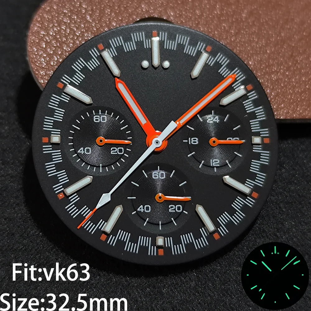 For VK63 32.5mm Dial and Watch Hands Green Luminous Watches Accessories Suitable for VK63 Quartz Movement new Accessory Parts