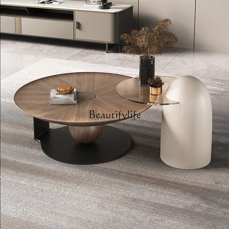 

02Modern simple coffee table small apartment Italian minimalist round walnut coffee table designer wabi sandy wind