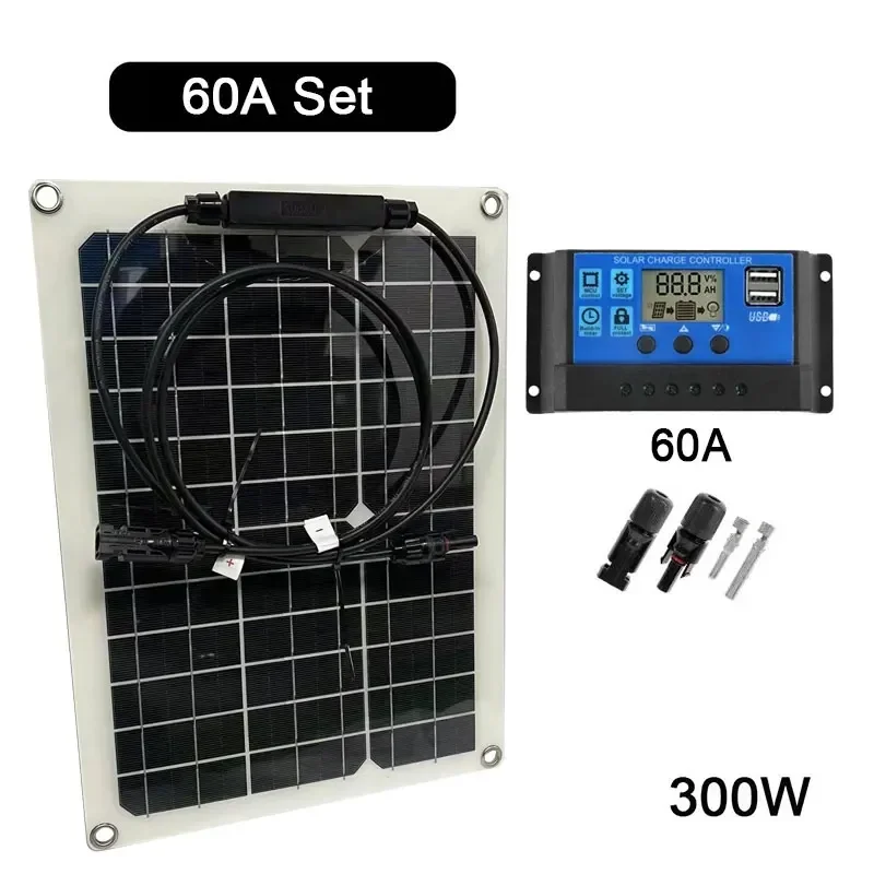 300W Solar Panel 12/24V Charger 30A/60A Controller Power Supply System Photovoltaic Power Generation Household Components