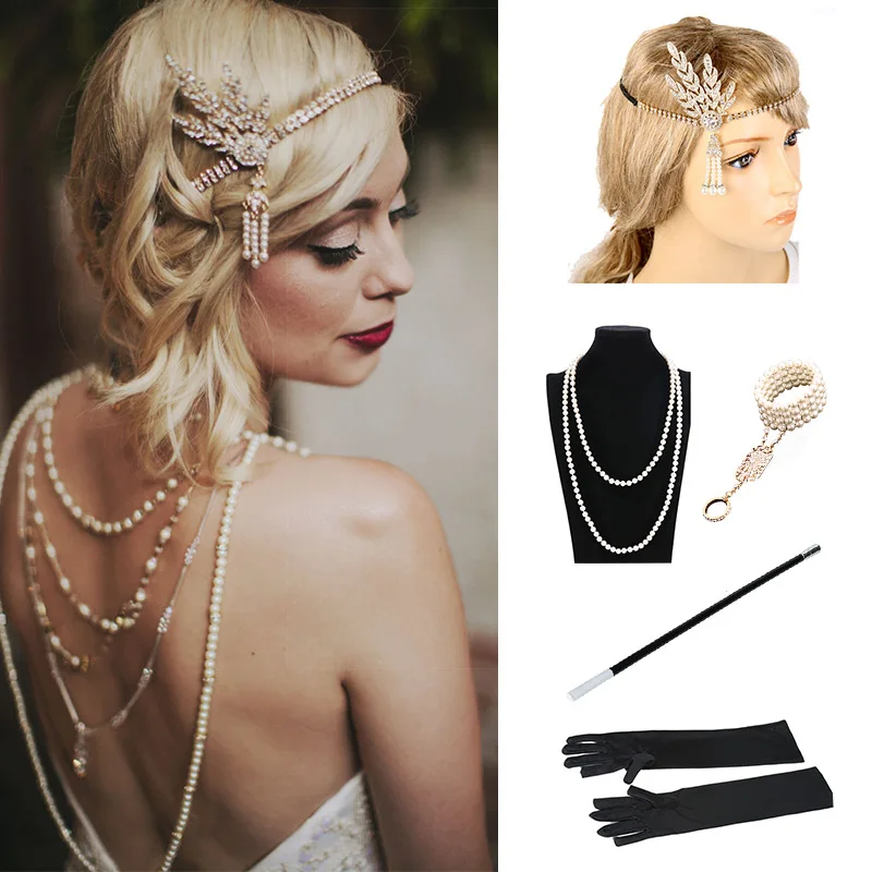 

1920s Accessories SetArt Deco Flapper Style Women Headpiece,Bracelet,Necklace,Glove and Cigarette Gatsby Vintage Look