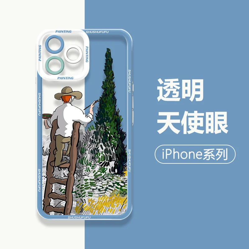 For Coque iphone 11 12 13 14 15 Pro Max X XR XS 15PLUS Fashion Vintage Van Gogh Oil Painting Scenery Clear Phone Case Back Cover