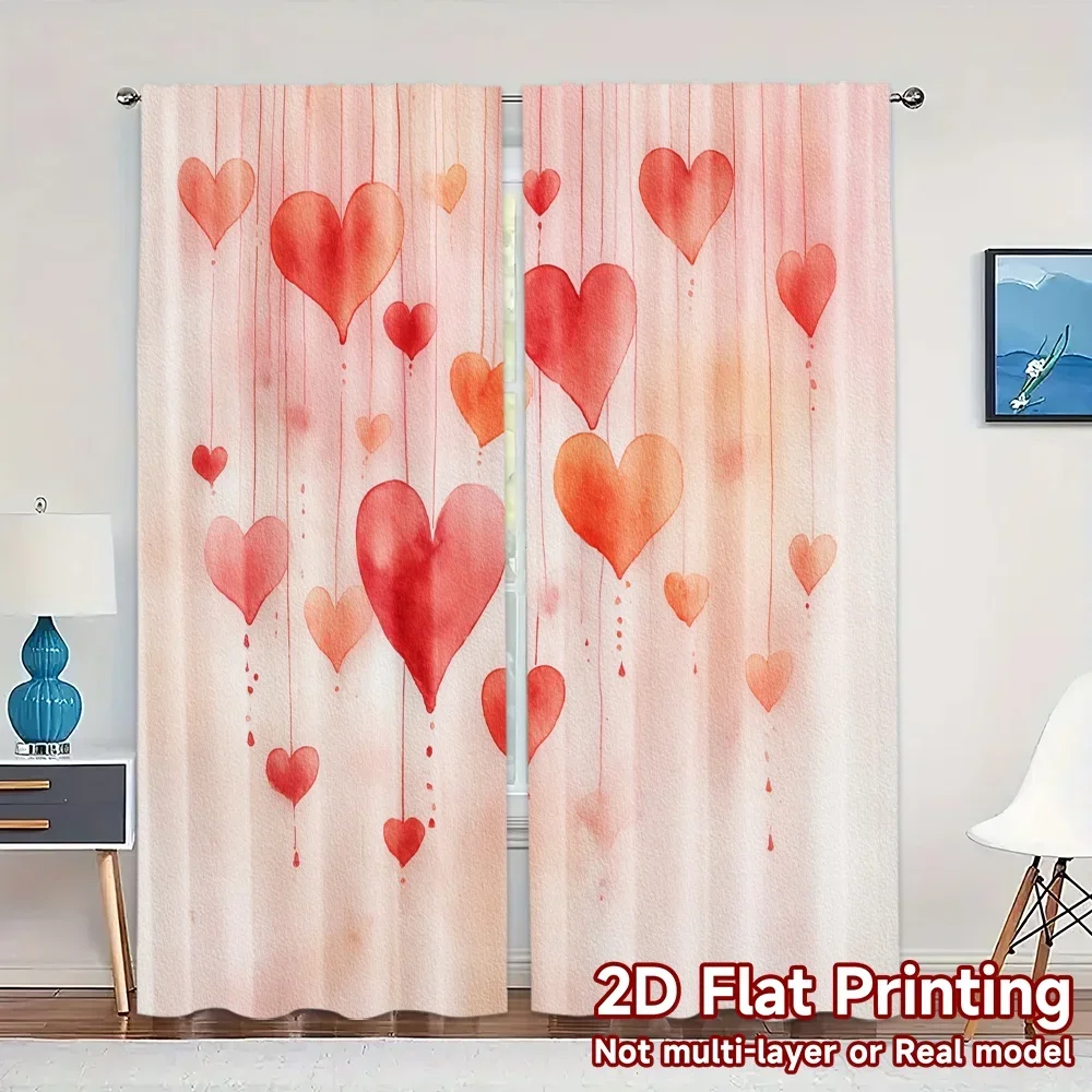 Heart Pattern Curtains for Living Room Bedroom Boho Pink Watercolor Decor 2pcs Curtain Pair Filter Window Curtain