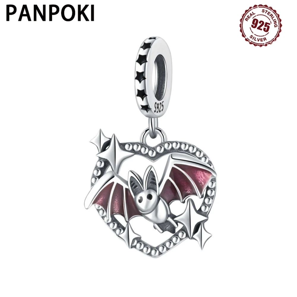 

925 Sterling Silver Heart Shaped Hollowed Out Bat Pendants Bracelet Charms Fit Women Jewelry Party Beads DIY Fine Gift Accessory