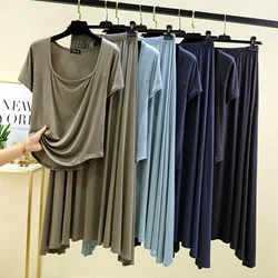 Summer 2pcs set Modal Square collar Tshirts short sleeves and Skirts women's casual loose streetwear suits Plus size Solid color