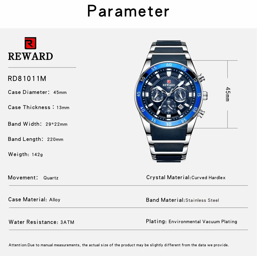 REWARD Mens Watches Luxury Blue Quartz Watch Male Chronograph Waterproof Business Wrist Watch Relogio Masculino