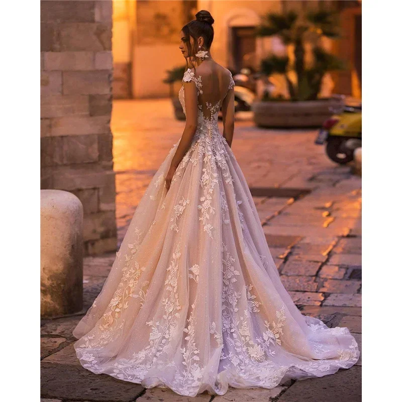 Beige Wedding Dress Appliques Beads V-neck Sleevless Quality Backless A-line Floor-length Plus size Women Bride Gowns KH006