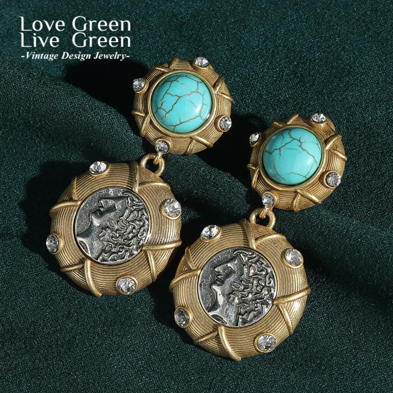 

Vintage Turquoise Gold Color Antique Coin Drop Earrings Beauty'S Head Old Money Style Accessories For Women Luxury Designer 2025