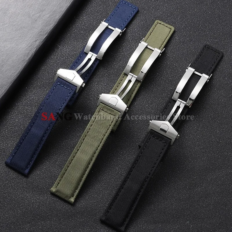 Bracelet de montre en cuir et nylon avec fermoir papillon 22mm 24mm pour Tag Heuer, Citizen, Seiko – Sangles en toile et cuir de vachette
