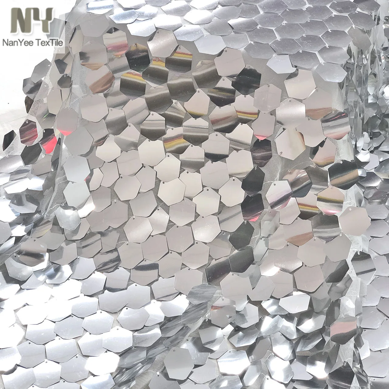 New Arrival Big Large Reflective Silver Gold Hexagon Shape Speical Embroidery Sequin Netting Fabrics Paillette On Polyester Mesh