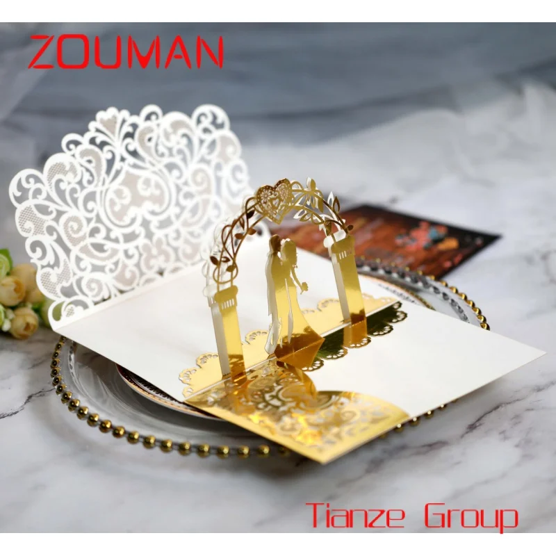 Custom , Joytop Custom Printing Golden Glitter Bride And Groom 3D Up Card Laser Cut Wedding Invitation Card Luxury