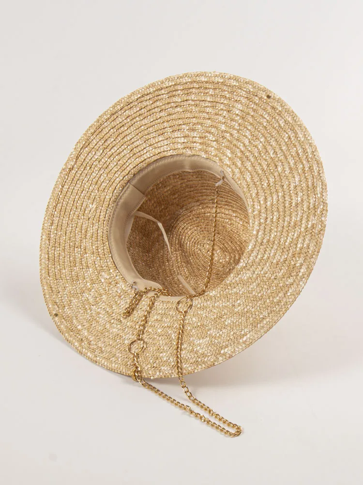 Luxury Desiger Chain Straw Fedora Hats For Women Summer Beach Hat Fashion Panama Sun Hats UV Protective Wide brim Vacation