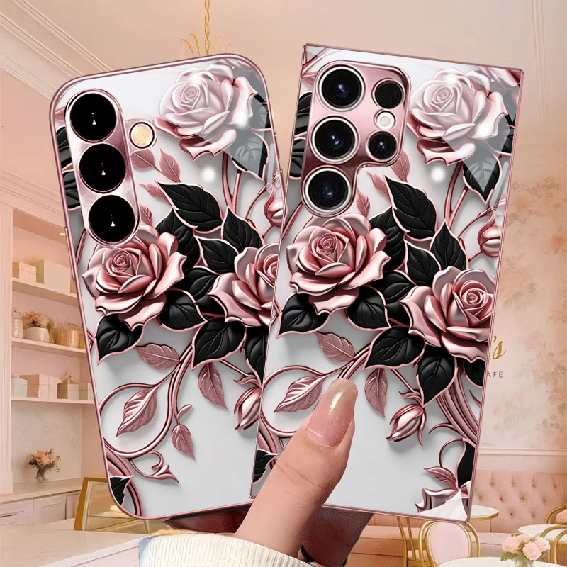 Blush Metal Rose Electroplated Pink Phone Case For Samsung Galaxy S26 Ultra S25 Edge S24 FE S23 Plus S22 S21 S25FE Glass Cover