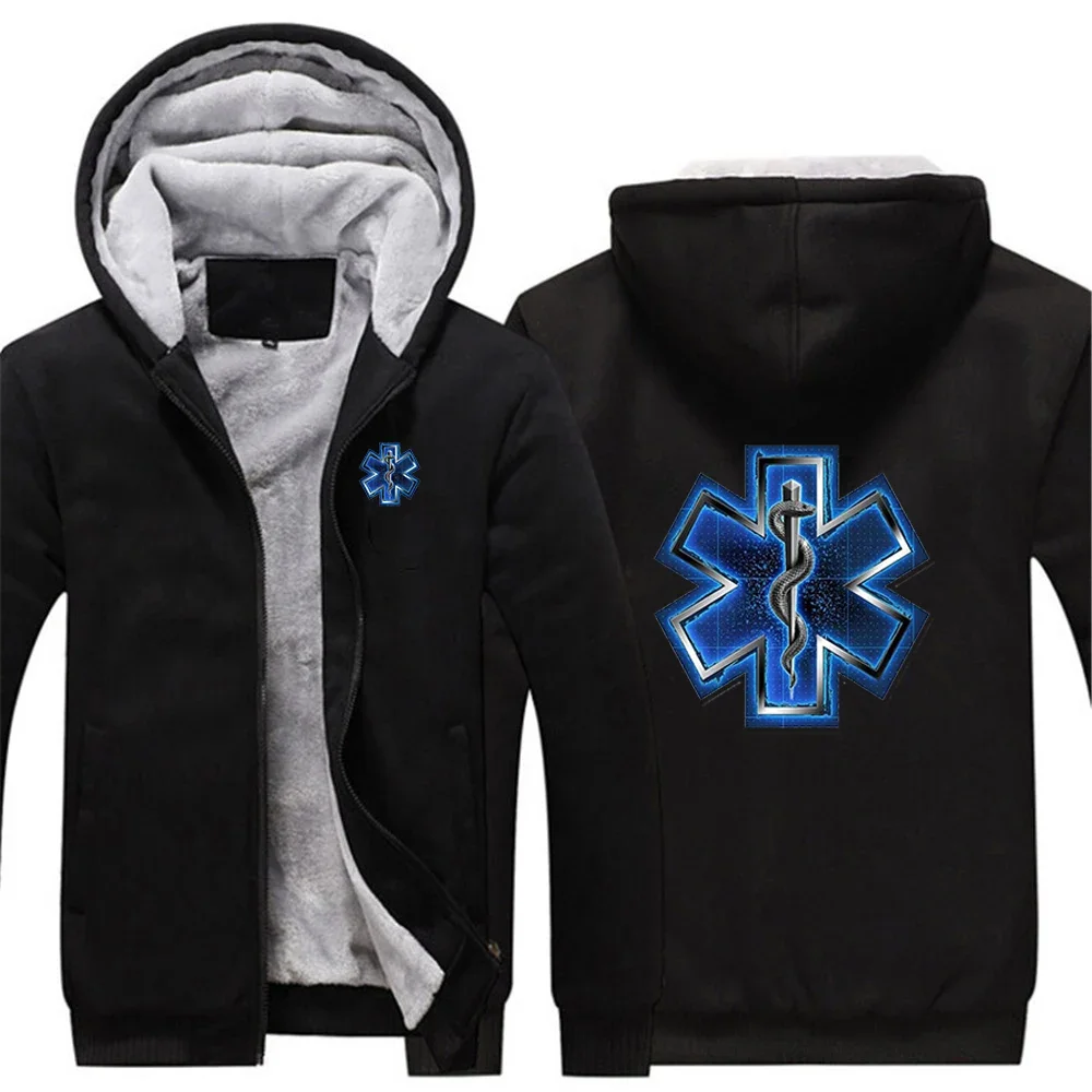 2024 EMT Emergency Ambulance Trendy Sweatshirt Coat Front Pockets Warm Zipper Lamb Wool Jacket Winter Lined Cardigan Hoodie Tops