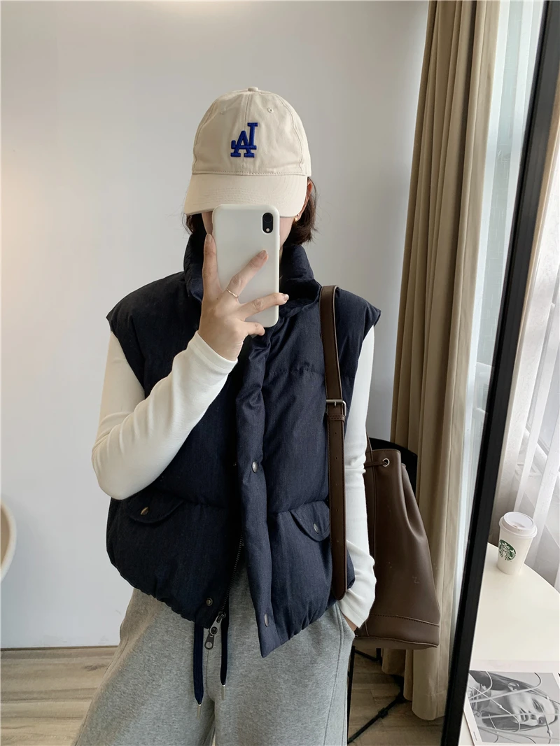 

Loose Fit Women's down Vest Korean Sle Stand Collar ort Outerwear Svel Warmth Student Winter Faion Casual Wear