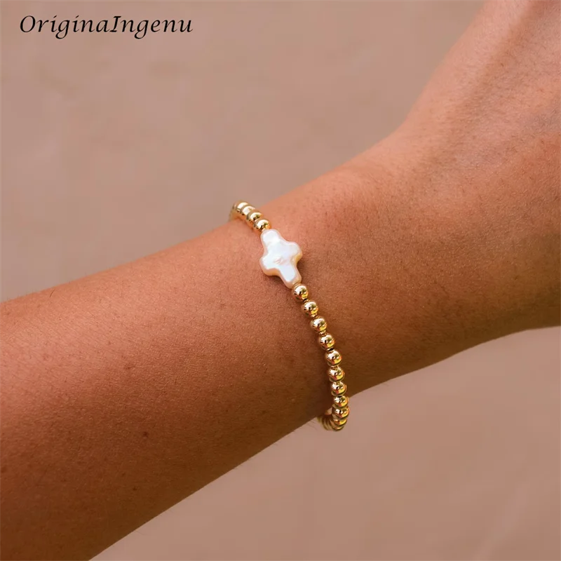 Elasticity Gold Beaded Bracelet 14K Gold Filled Natural Pearl Bracelet  Tarnish Resistant Jewelry Boho Women Cross Jewelry