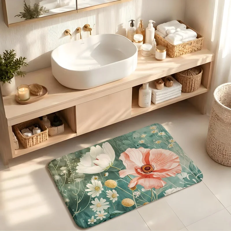 Bath Mat Flannel Sponge Mat Wild Poppy Daisy Floral Print For Bathroom Entryway Floor