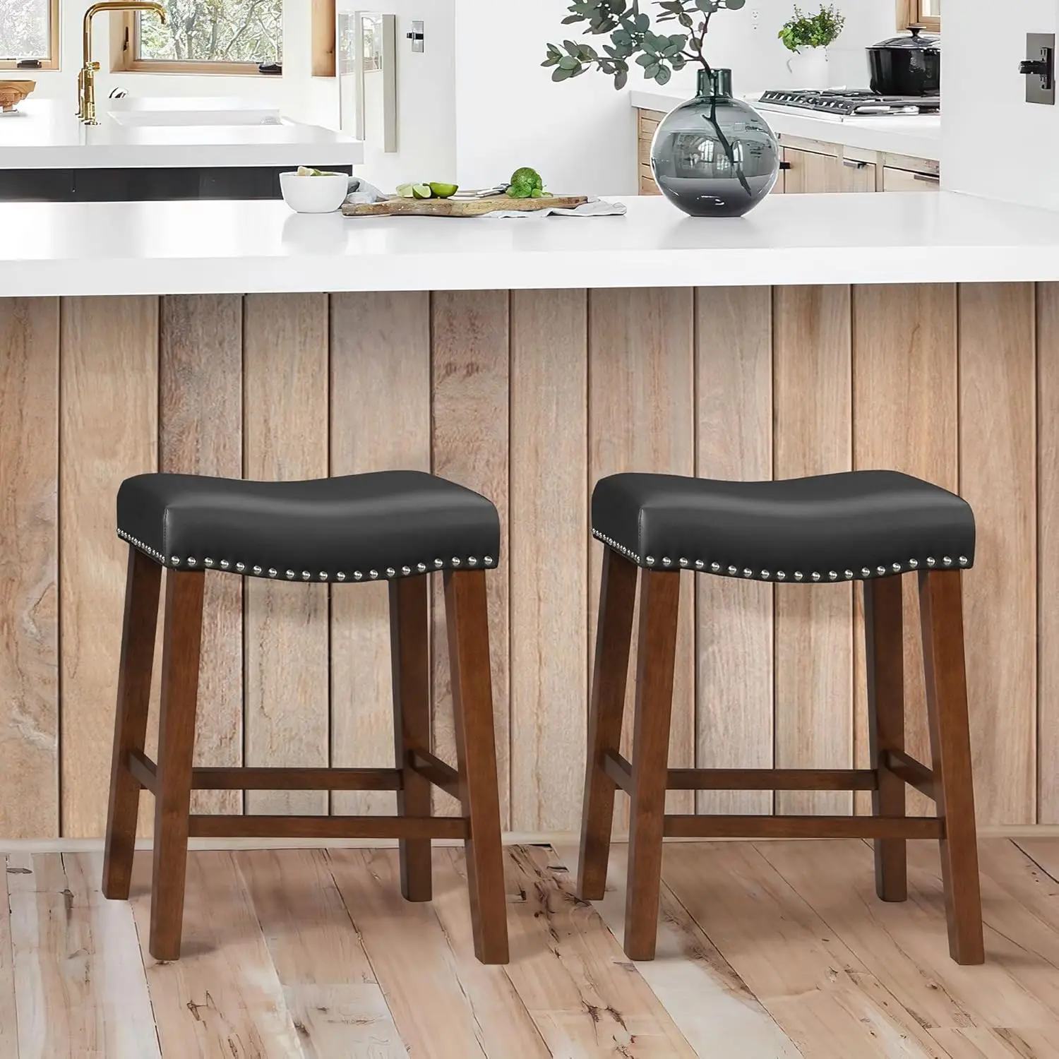 

26" Backless Bar Stools Set of 2 - Counter Height Barstools with Faux Leather Upholstered Saddle Seat, Modern Wood Back