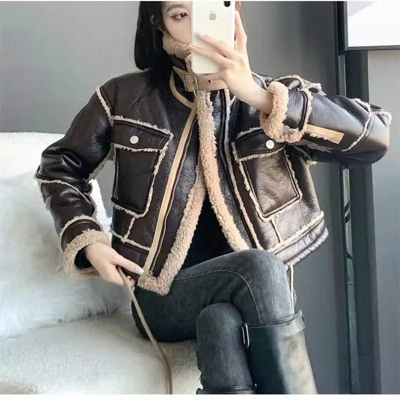 

Women Fashion Lapel Lambswool Coat Double Sided Short Jacket Autumn Winter elegant Female Fleece Warm Thick Chic Tops