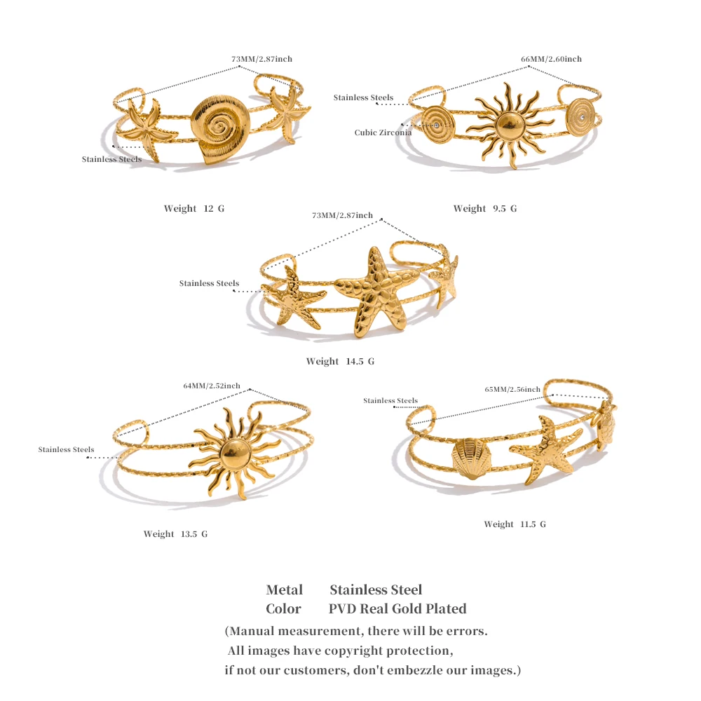 Yhpup Ocean Series Golden PVD Starfish Shell Sun Cuff Bracelet Open Wrist Jewelry Stainless Steel Bangle for Summer Holiday