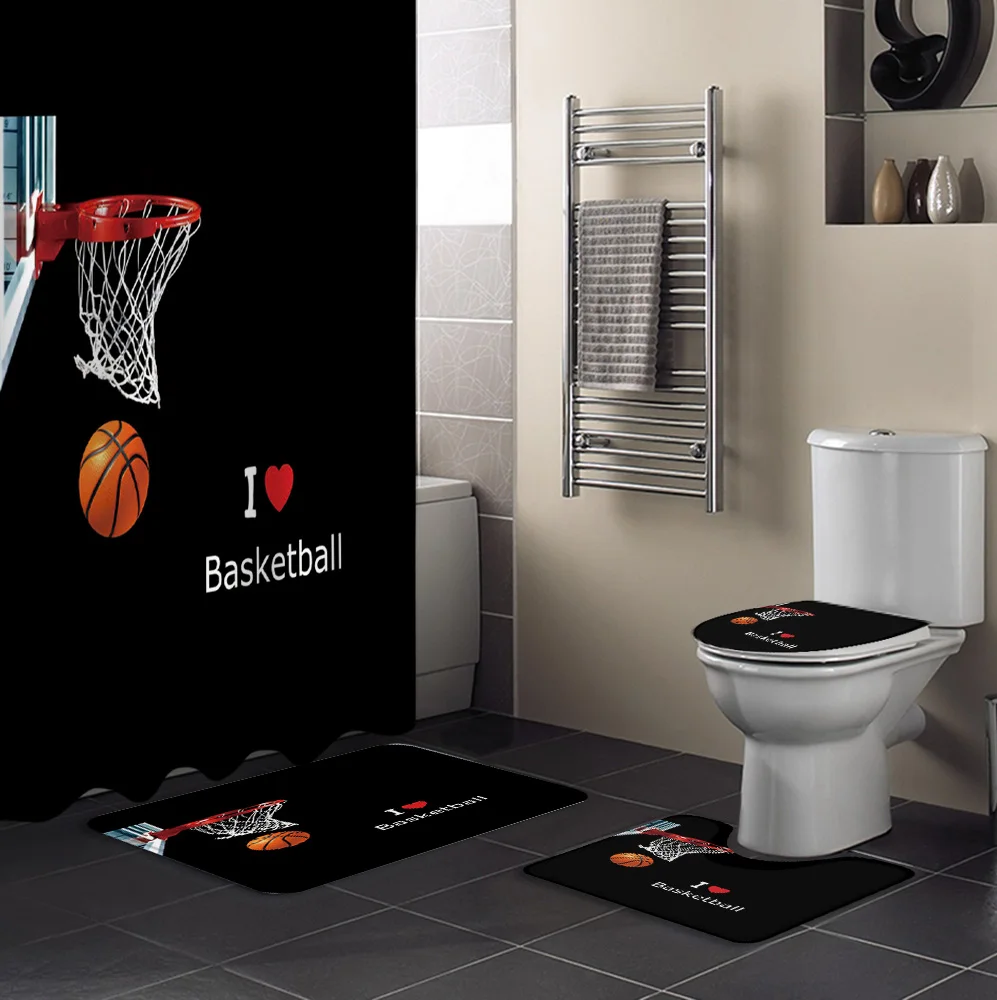 I Love Basketball Player Shower Curtain Sets Non-Slip Rugs Toilet Lid Cover and Bath Mat Waterproof Bathroom Curtains