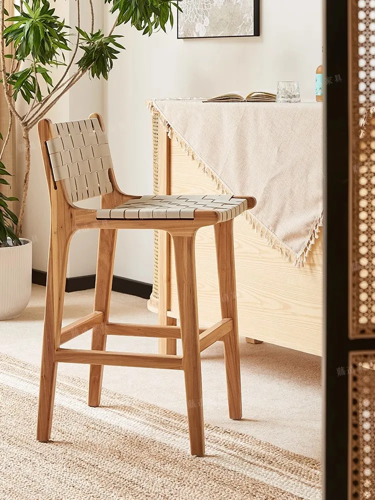 Modern Home Bar Stool with High Footrest Solid Wood Rattan Decoration Dining Apartment Suitable for Home Office Bathroom Use