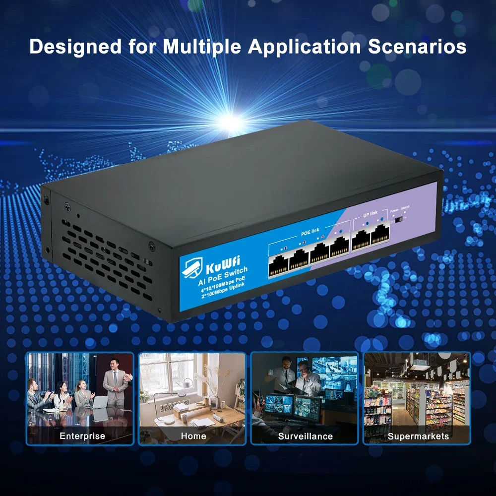 KuWFi 48V PoE Switch 4/8 Port POE 10/100Mbps Fast Ethernet Switch IEEE802.3AF/AT Extend Up to 250m for IP Camera Wireless AP