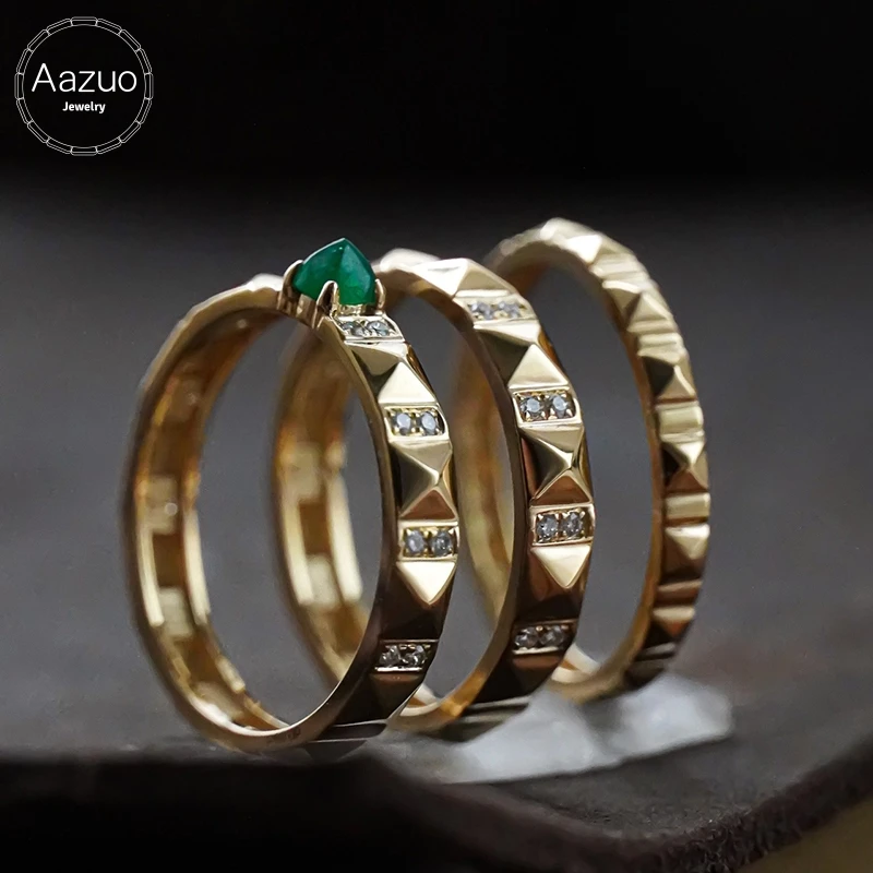 Aazuo 18K Yellow Gold Emerald & Diamond Ring Fairy Lines Design Elegant Jewelry Accessory for Women & Girls for Senior Banquet P