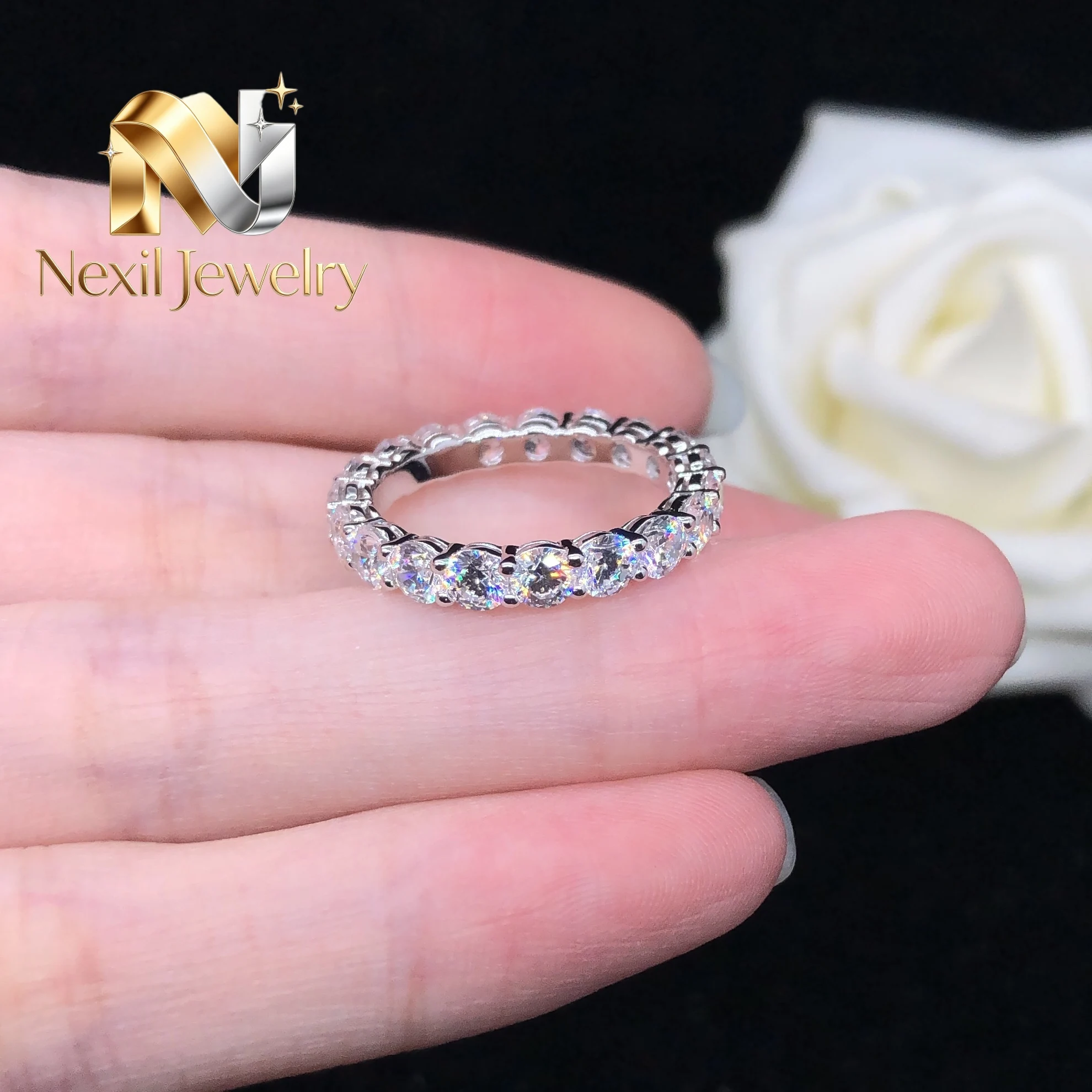 

Nexil Jewelry Full Eternity 0.2Ct Single Stone D VVS1 Moissanite Diamond Ring Solid 14K White Gold Jewelry for Women Wedding B