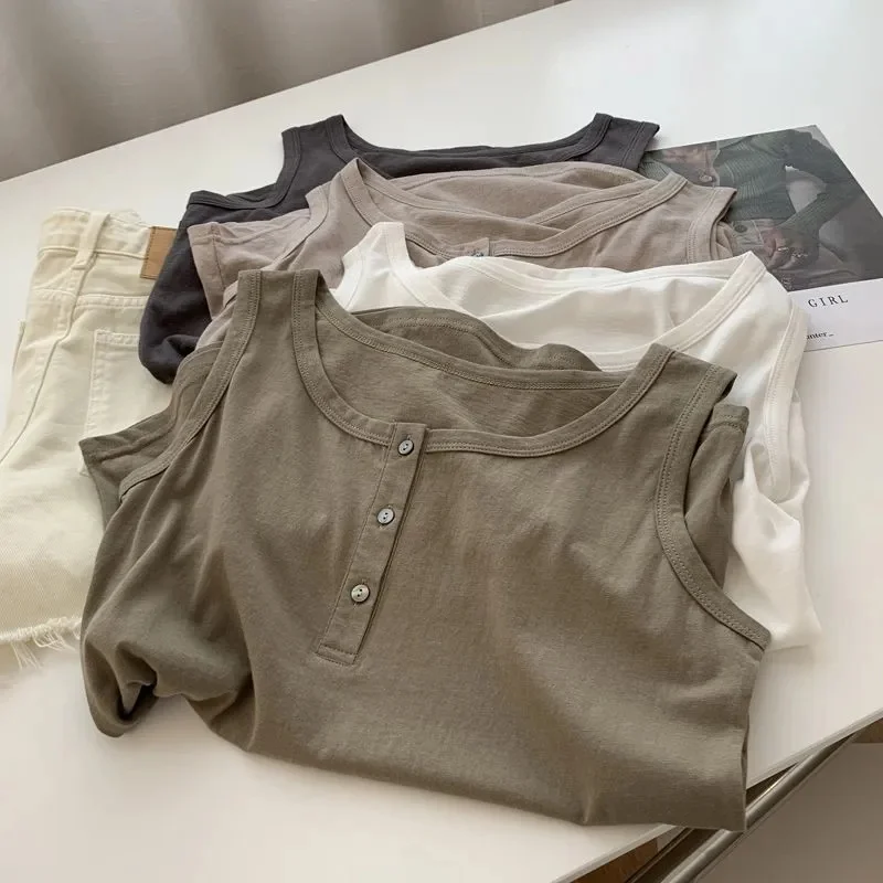 

plus Size Women's Casual Thin Top Sleeveless Base Shirt Summer Slimming Versatile Vest Korean Style round Neck Three Button C...