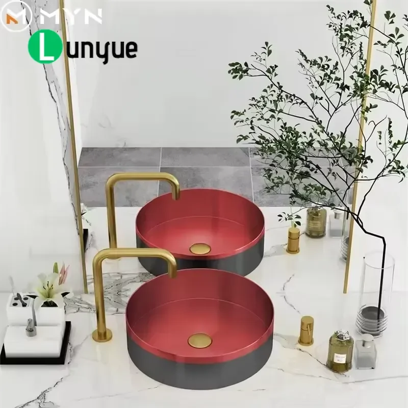 Red SUS 304 Stainless Steel Round Countertop Mount Basin Sink Bathroom Decoration Durable Modern Style Washbasin for Home